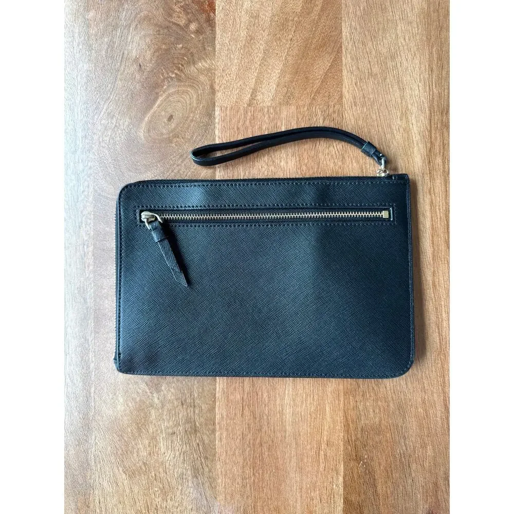 Kate Spade New York Black Saffiano Leather Wristlet Pouch Clutch Gold Zip